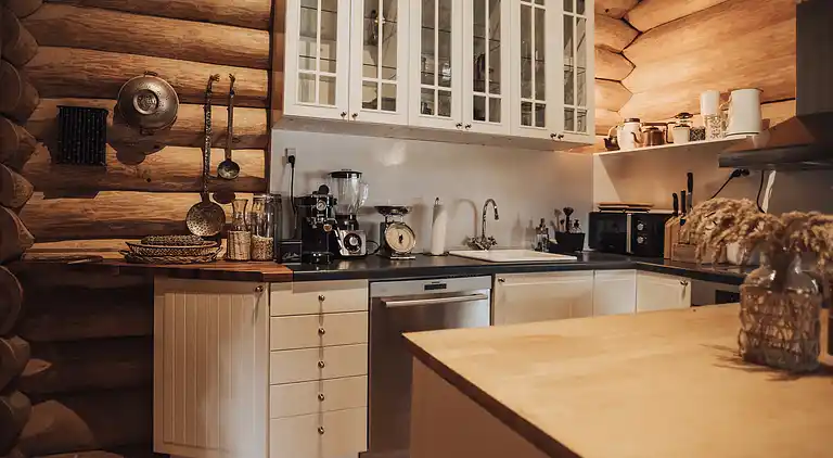 Lækkert bjælkehus nær strand og skov