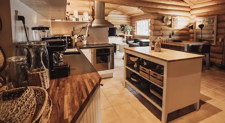 Lækkert bjælkehus nær strand og skov