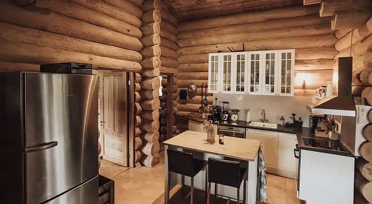 Lækkert bjælkehus nær strand og skov