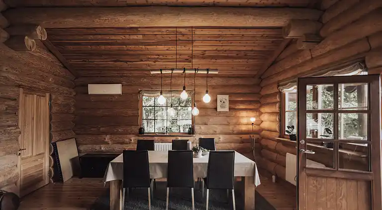 Lækkert bjælkehus nær strand og skov