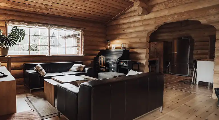 Lækkert bjælkehus nær strand og skov