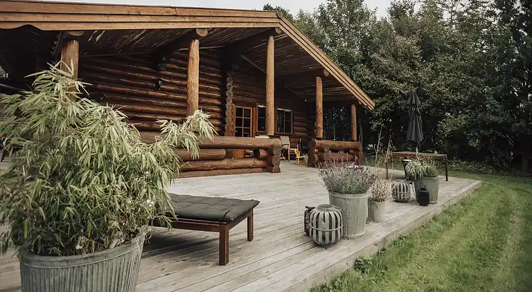 Lækkert bjælkehus nær strand og skov