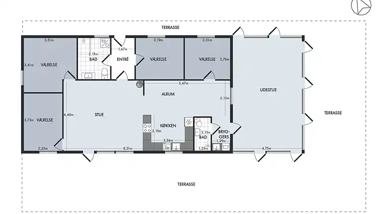 Stort sommerhus med vildmarksbad og shelter