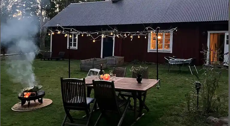 Ødegård i skoven ved større sø