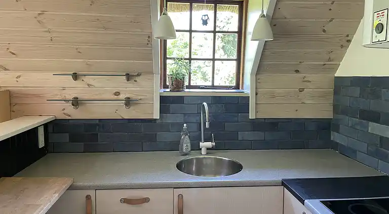 Charmerende sommerhus med stråtag tæt ved vandet