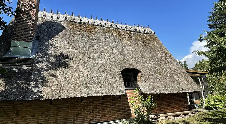 Charmerende sommerhus med stråtag tæt ved vandet