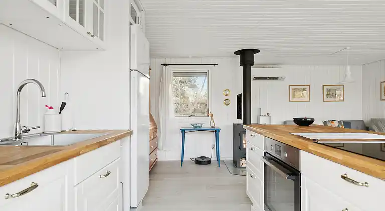 Lyst sommerhus med solrig terrasse og bålsted