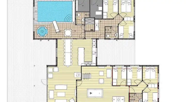 Sommarhus med vattenpark, spa och aktivitetsrum