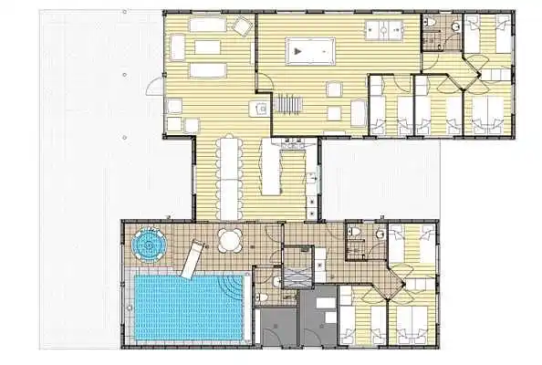Sommarhus med vattenland, spa och aktivitetsrum